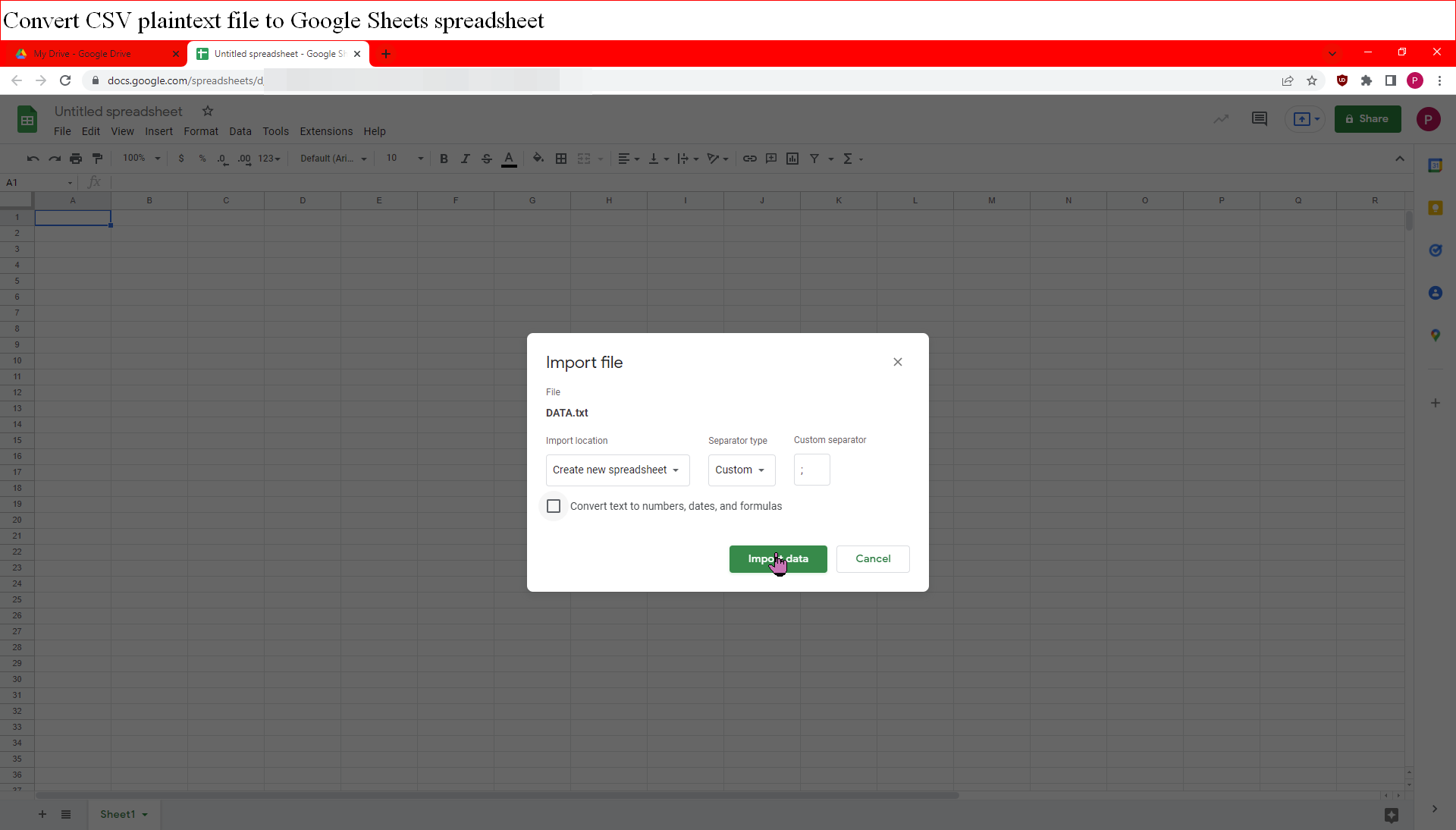 Importing the CSV file in Google Sheets